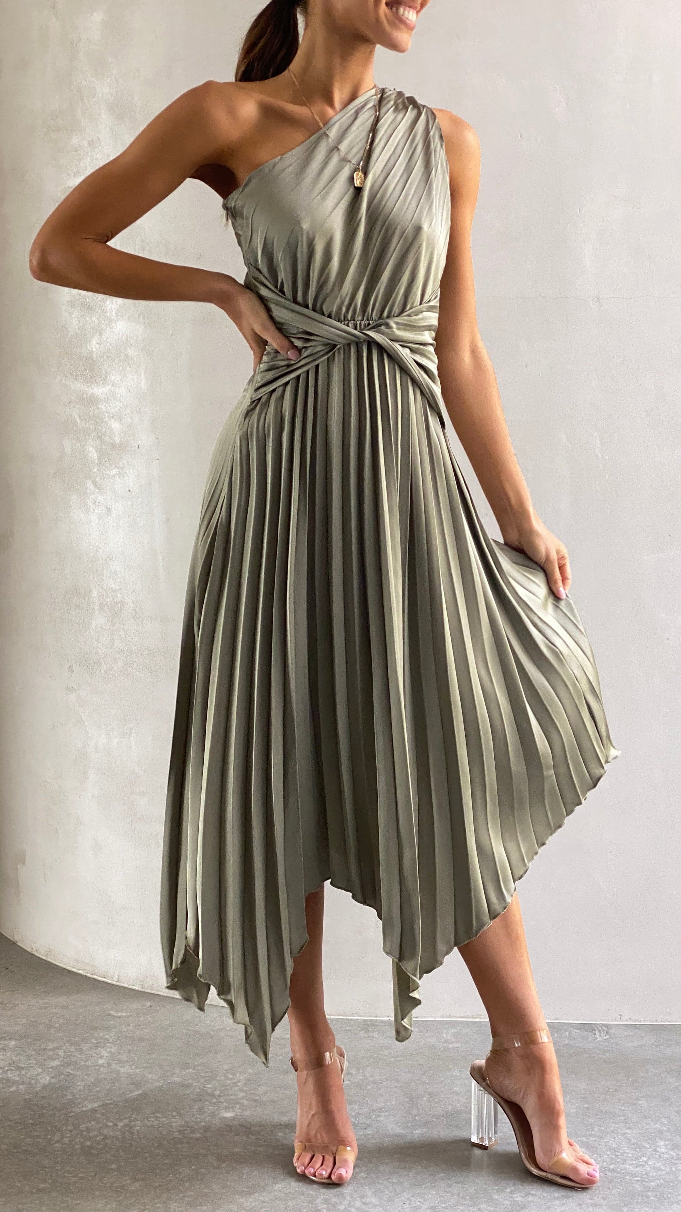 Cali One Shoulder Midi Dress - Olive