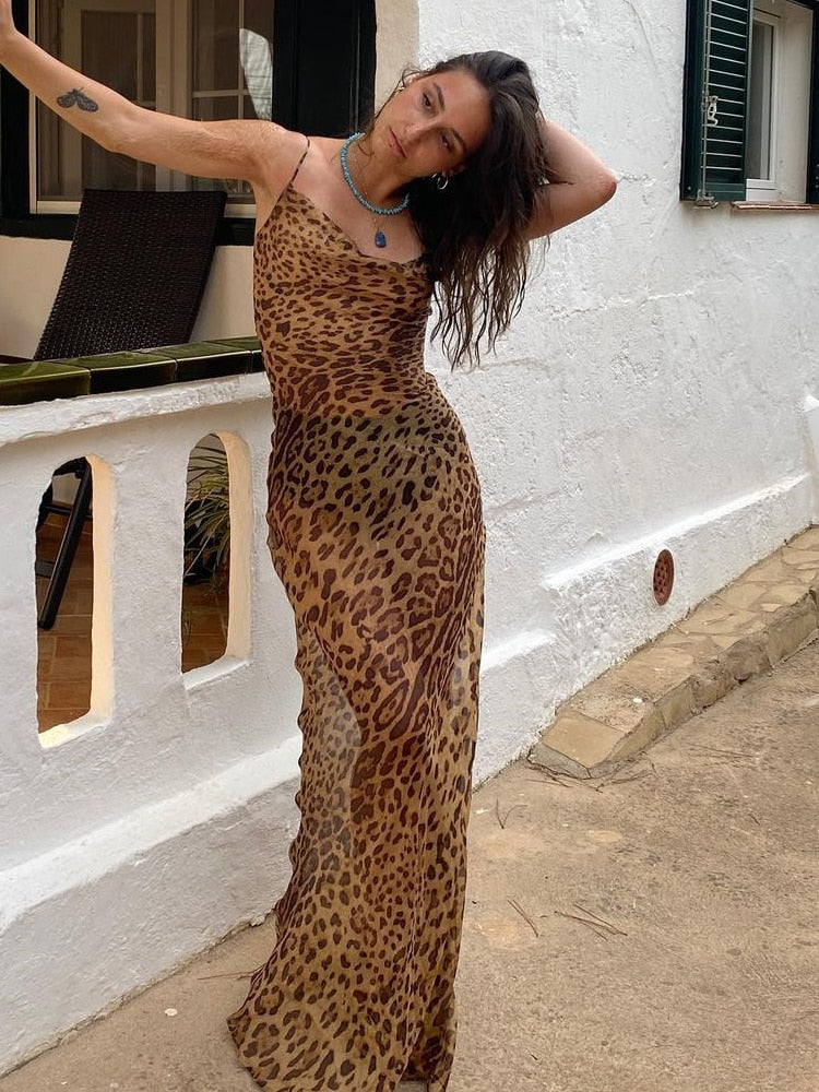 Leopard Print V Neck Bodycon Long Dress