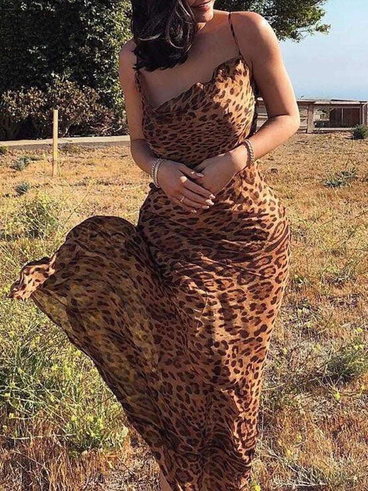 Leopard Print V Neck Bodycon Long Dress
