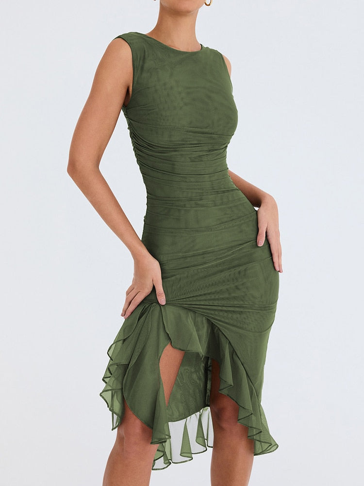 Ruffle Ruched Midi Dress