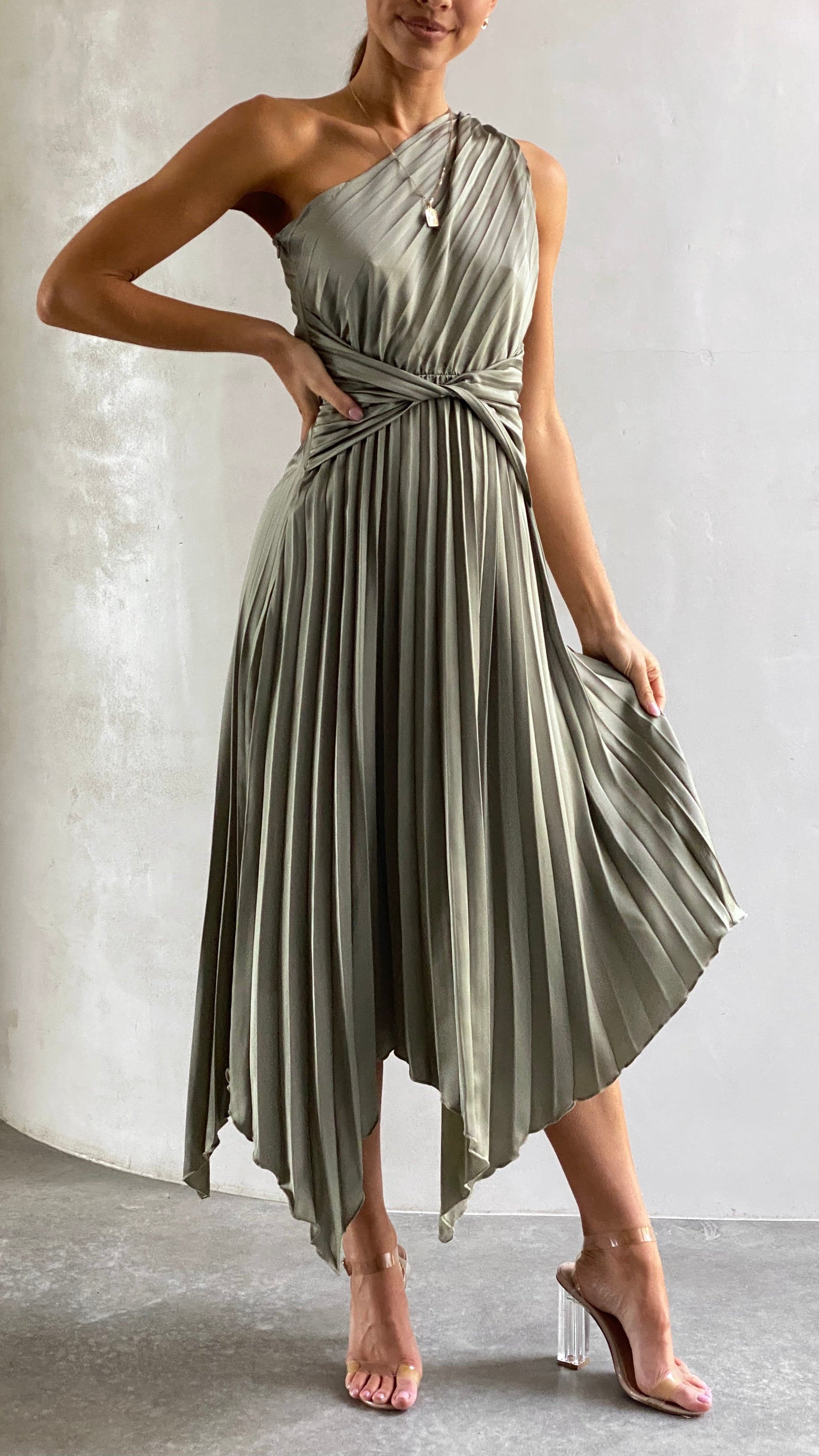 Cali One Shoulder Midi Dress - Olive