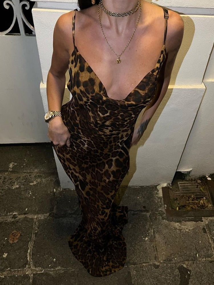 Leopard Print V Neck Bodycon Long Dress