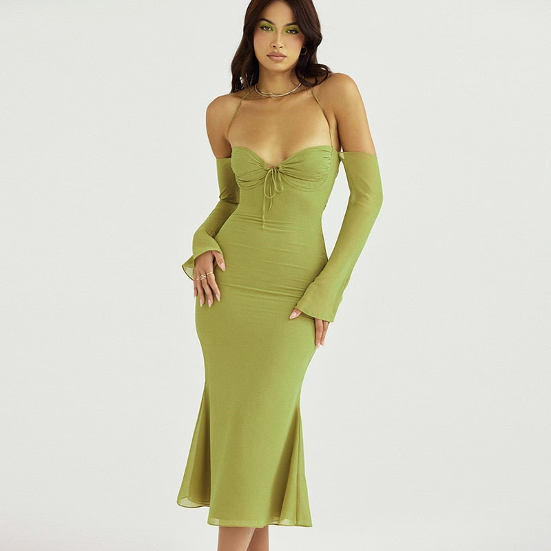 Lace Up Halter Backless  Bodycon Midi Dress