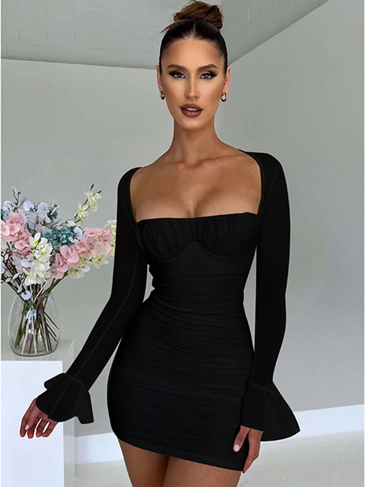 Long Sleeve Sweetheart Neckline Mini Dress