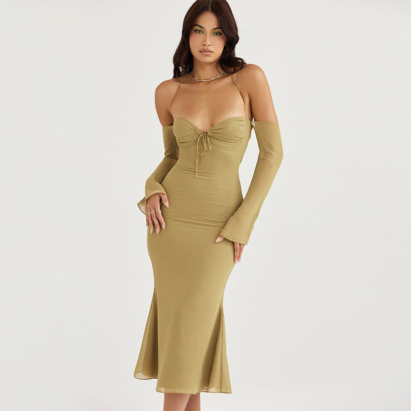 Lace Up Halter Backless  Bodycon Midi Dress