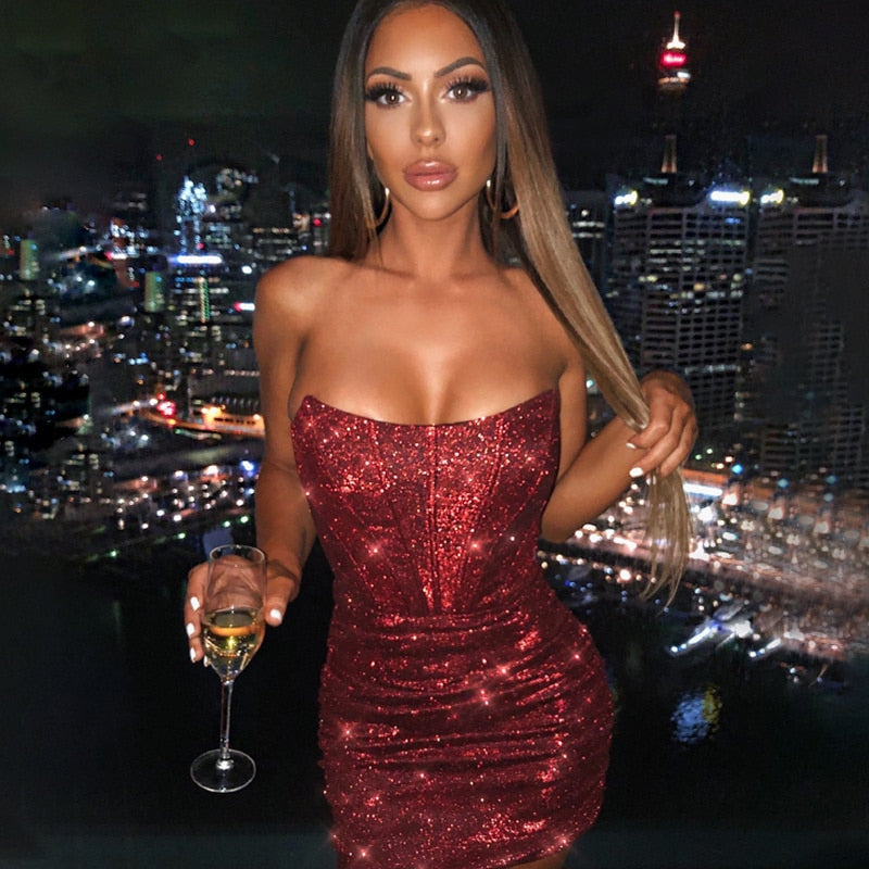 Bodycon Glitter Strapless Mini Dresses