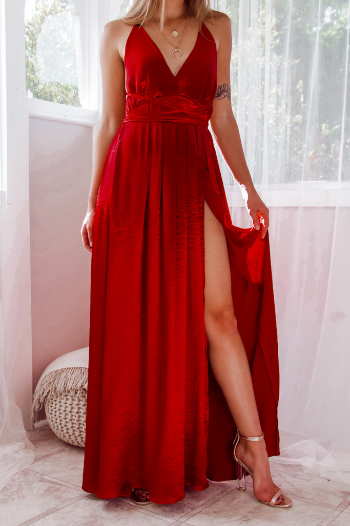 Bonita Satin Gown - Ruby